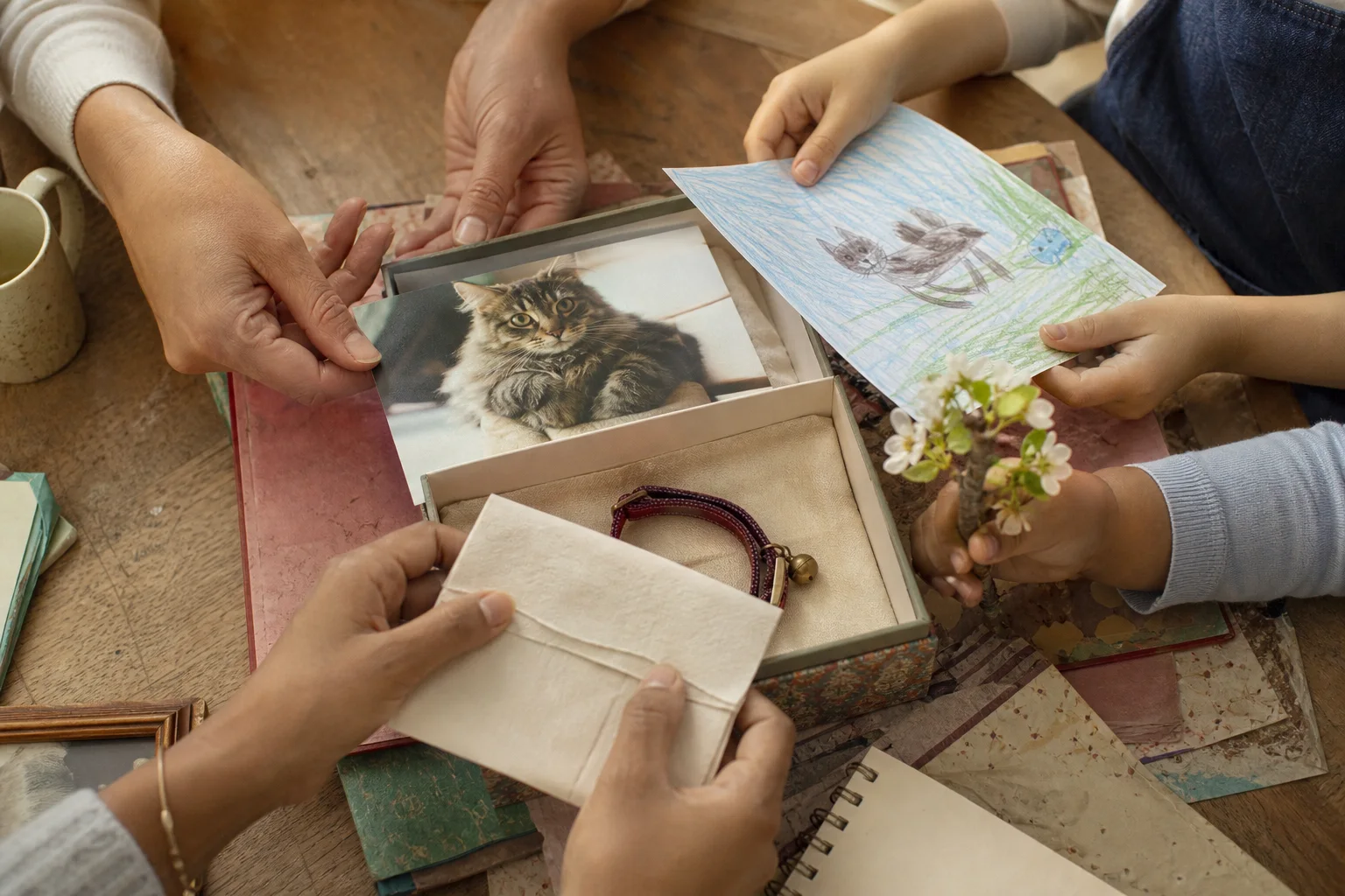 Una famiglia prepara una scatola dei ricordi per il gatto morto.