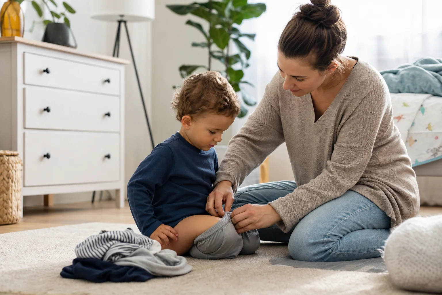 Un genitore aiuta con calma un bambino a cambiarsi dopo un incidente di pipì.