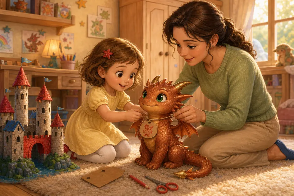 Sofia incontra il piccolo drago color rame Brillo sotto la scrivania